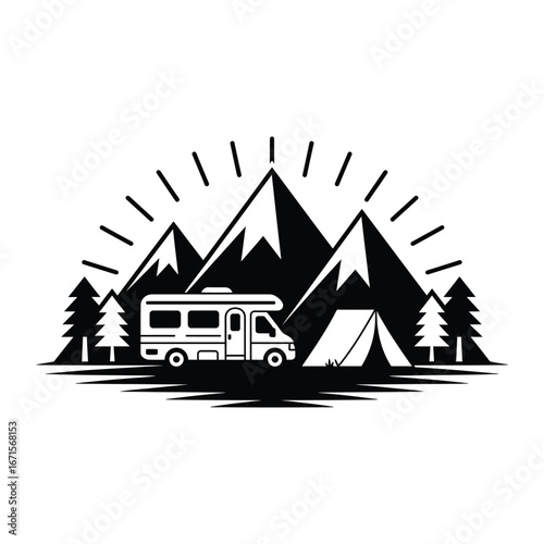 Outdoor adventure scene rv camper van tent mountains trees sunburst rustic design