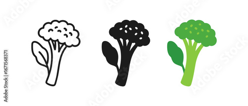 Three broccoli styles: outline, silhouette, and flat design for diversity in food graphics