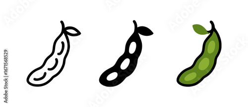 Minimalist edamame icon set in black, white, and green variations