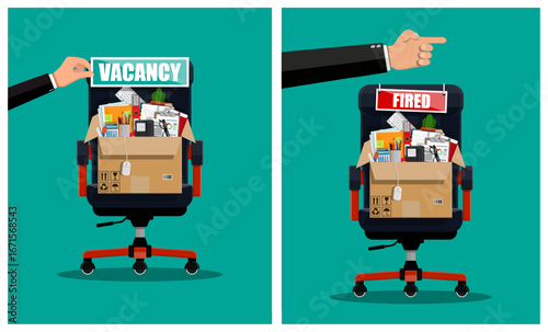 Man hand putting vacancy sign on office chair next to chair with fired sign and box of belongings. Job search concept. Recruitment theme.