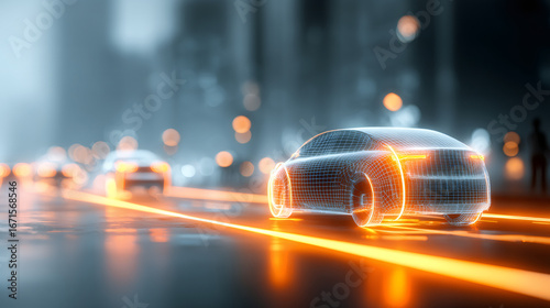 Digital wireframe car model driving on futuristic road with glowing lines. Modern technology concept for self driving vehicle and smart transportation.
