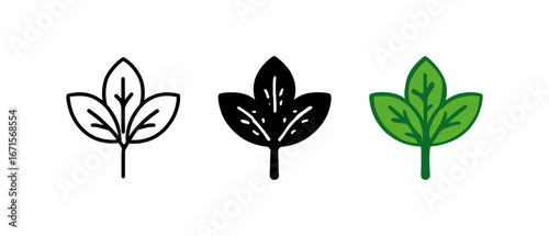 Minimalist leaf icons: outline, silhouette, and color versions for nature projects