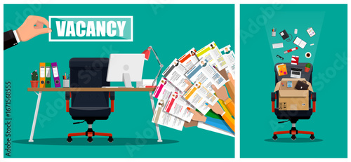Hand holding vacancy sign, desk with computer and many hands holding resume, job search concept dismissal.