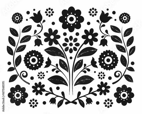 Black and white folk art floral pattern with stylized flowers and leaves
