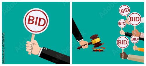 Business people hands holding bid signs. Auction gavel hitting sound block. Bidding process and public sale concept for marketing.