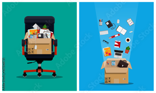 Cardboard box full office supply. Moving service or dismissal work. Flat style stock vector set collection illustration.