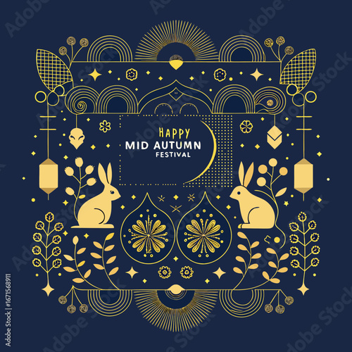 Happy mid autumn festival with rabbits and lanterns decorative design