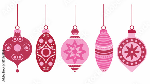 Collection of five decorative christmas ornaments in pink and red hues