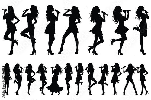 Female singers performing with microphones in silhouette
