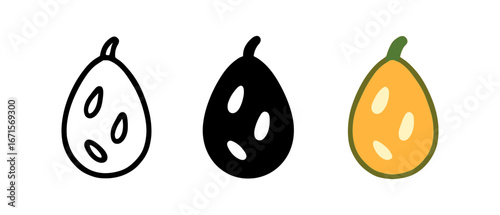 Minimalist papaya icons trio in outline, solid, and color