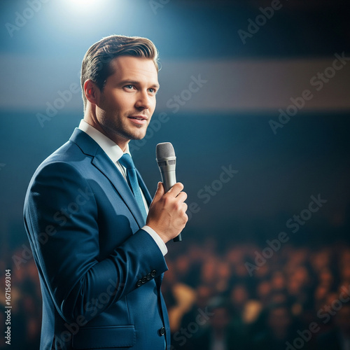 Charismatic Business Leader Giving an Inspirational Keynote Speech on Stage