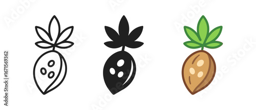 Colorful cannabis seed icons in outline, silhouette, and flat designs