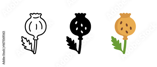 Poppy seed pod icons: minimalist black and white and colorful design