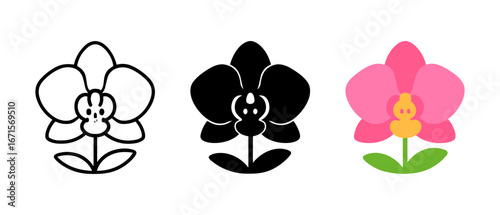 Orchid flower trio: outline, silhouette, and flat designs