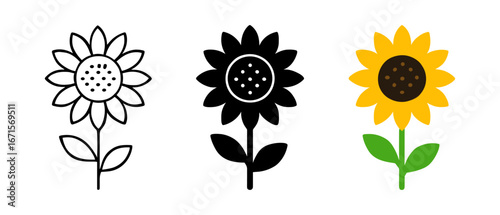 Sunflower trio in outline, silhouette, and colorful styles for diverse design needs
