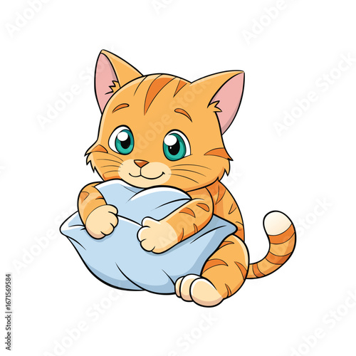 Adorable baby kitten snuggles a soft pillow with its eyes closed in peaceful slumber