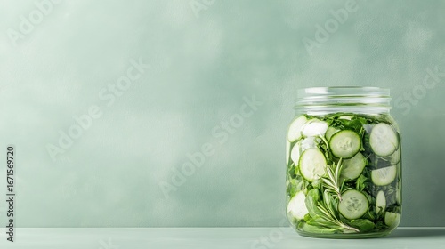Glass jar filled with fresh green slices of cucumber and herbs. Jar sits against a light green textured background.