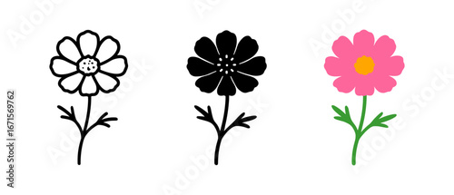 Floral trio: black and white and colorful flower icons for design projects