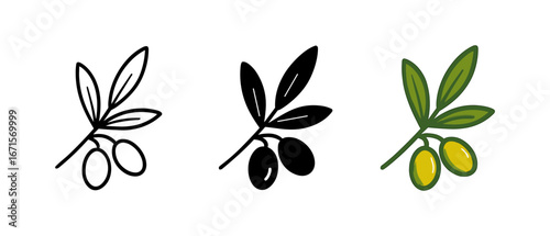 Olive branch design in lineart, silhouette, and colorful styles