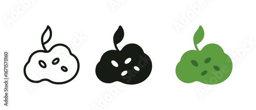 Minimalist apple icons in three styles: outline, solid, and green fill