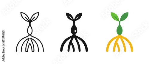 Abstract growth icon set featuring minimalist plant sprouts in modern styles