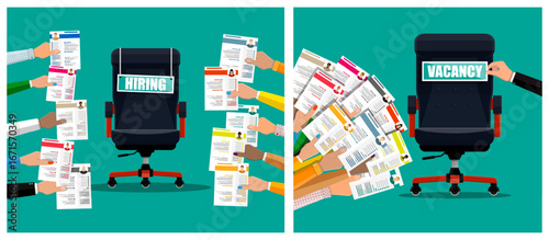Many hands submitting resumes for an empty office chair with a hiring and vacancy sign. Job recruitment and employment search concept.