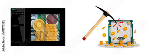 Bitcoin mining processor inside computer case. Cryptocurrency mining with pickaxe hitting cpu. Digital money generation, blockchain technology concept.