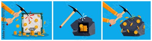 Man hand holding pickaxe mining cryptocurrency from computer processor and rock stone. Blockchain, digital money concept.
