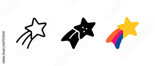 Colorful star icons set with shooting star and rainbow effects