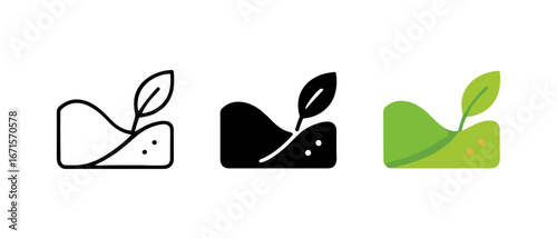 Eco-friendly leaf emblem trio: outline, solid, and colorful designs