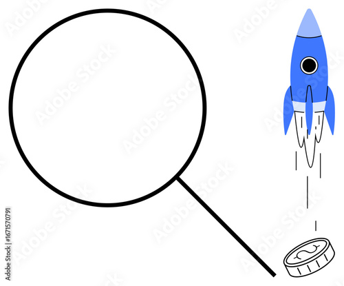 Magnifying glass highlighting a blue rocket launching beside a coin, symbolizing financial analysis, innovation, growth, business success, progress, investment, and startup. Ideal for finance