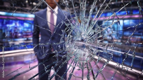 Shattered glass with a man in a suit standing in the background. The damage creates a striking visual that emphasizes impact.