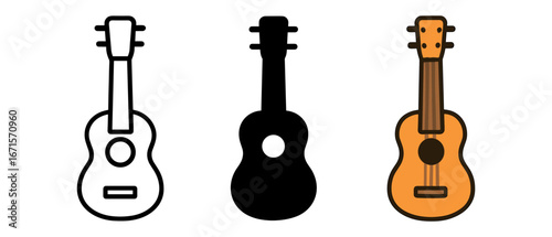 Ukulele icons in outline, silhouette, and colored styles