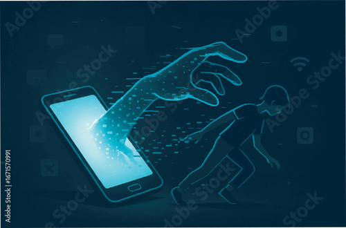 Imaginative vector illustration of a person struggling to escape mobile phone addiction while the phone itself tries to hold them back