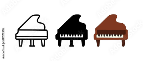 Diverse styles of grand piano icons: outline, solid, and colorful designs