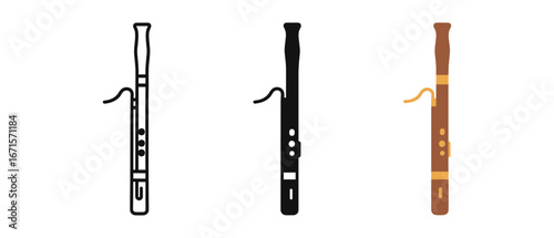Bassoon icons: monochrome, silhouette, and color variations for musical design
