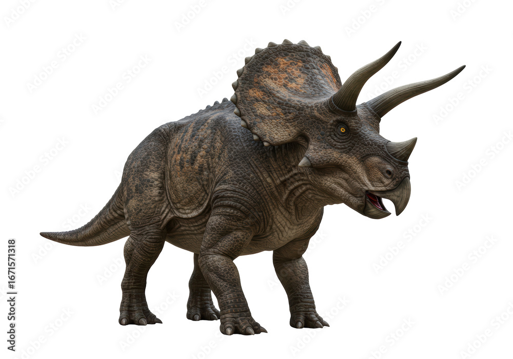Fototapeta premium Isolated Triceratops with horns and beak, prehistoric creature with detailed skin texture
