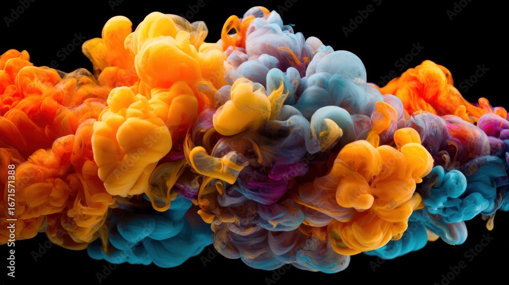 Obraz premium Colorful cloud of swirling ink on black. Vivid orange, yellow, blue, and violet pigments mixing in water. Ethereal and dynamic composition