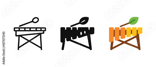 Xylophone icons set: outline, glyph, and colored styles with leaf mallet