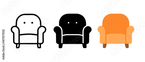 Minimalist armchair designs: outline, silhouette, and colorful flat styles