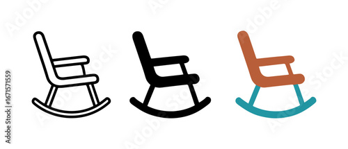 Stylized rocking chair set with outline, solid, and colorful designs on white background