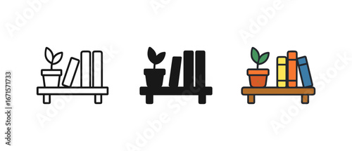Minimalist bookshelf with plant in three styles: outline, silhouette, and colorful