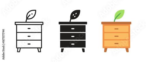 Eco-friendly furniture icons: modern drawer designs with leaf detail in various styles