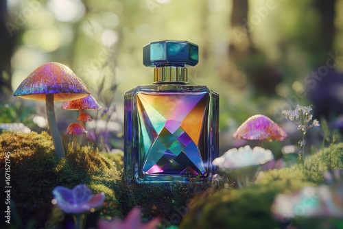 A colorful perfume bottle rests on mossy ground surrounded by mushrooms and flowers.