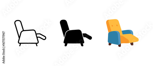 Modern recliner chair in outline, silhouette, and colorful styles