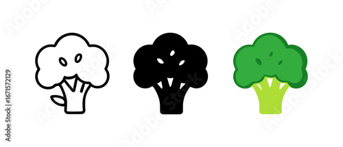 Minimalist broccoli icons in outline, silhouette, and colorful styles over white background