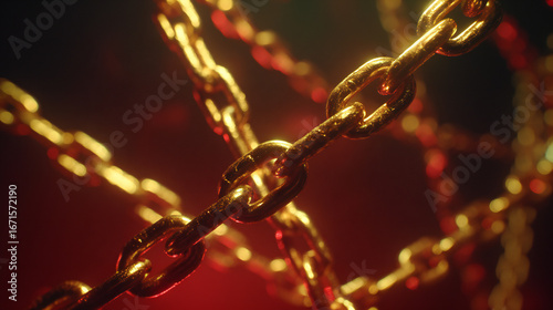Close-up of intertwined golden chains against a dark, blurred background with red and green highlights.