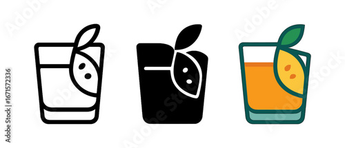 Minimalist fruit juice icon set in line, solid, and color styles