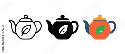 Three teapots with leaf motif in linear, silhouette, and flat design styles