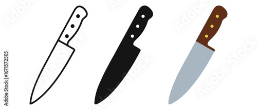 Three styles of kitchen knives: outline, solid, and colored designs